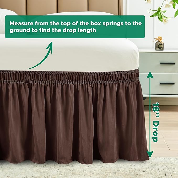 Biscaynebay Wrap Around Bed Skirts for King & Cal King Beds 18" Drop, Brown Adjustable Elastic Dust Ruffles Easy Fit Wrinkle Resistant Silky Luxurious Fabric Machine Washable