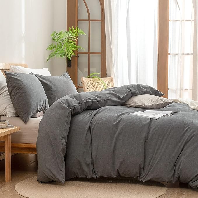 BESTOUCH Duvet Cover Set 100% Washed Cotton Linen Feel Super Soft Comfortable Chic Lightweight 3 PCs Home Bedding Set Solid Dark Grey Full/Double