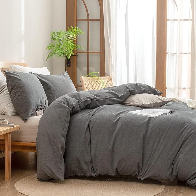 BESTOUCH Duvet Cover Set 100% Washed Cotton Linen Feel Super Soft Comfortable Chic Lightweight 2 PCs Home Bedding Set Solid Dark Grey Twin/Twin XL