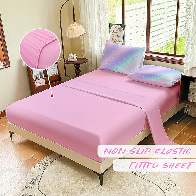Rainbow Bedding Set Twin Size – 5 Piece Reversible Girls Comforter with Deep-Pocket Sheet, Gradient Galaxy Design, Whole-Piece Filling, Machine Washable Bed-in-a-Bag for Kids Room Makeover & Gifts