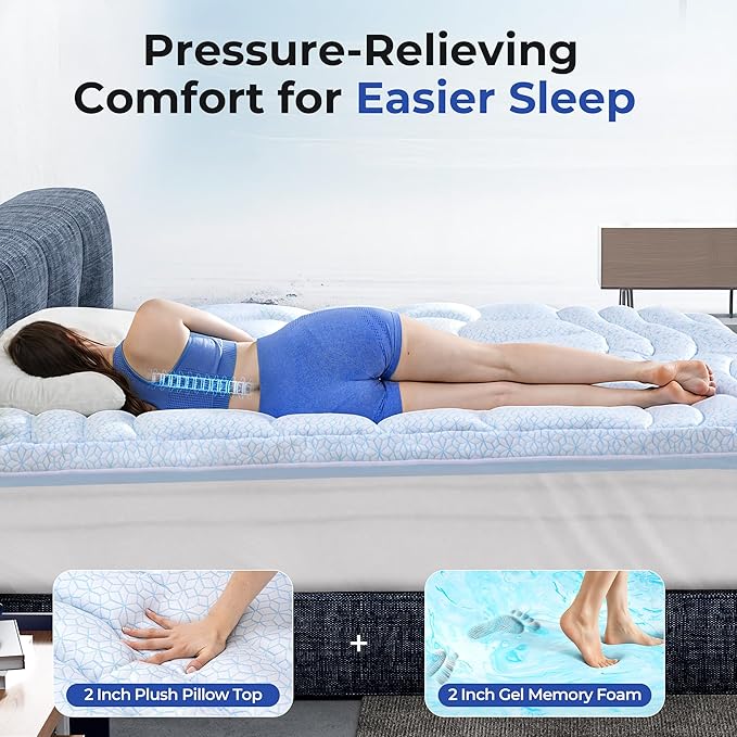 Dual Layer 4 Inch Cooling Memory Foam Mattress Topper Twin XL Size, 2 Inch Thick Soft Quilted Ice Silk Pillow Top Cover Plus 2 Inch Gel Memory Foam Mattress Pad for Back Pain Relief