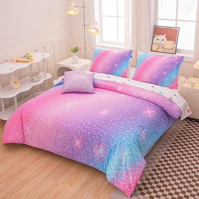 Rainbow Bedding Set Twin Size – 6-Piece Reversible Girls Comforter with Deep-Pocket Sheet, Gradient Galaxy Design, Whole-Piece Filling, Machine Washable Bed-in-a-Bag for Kids Room Makeover & Gifts