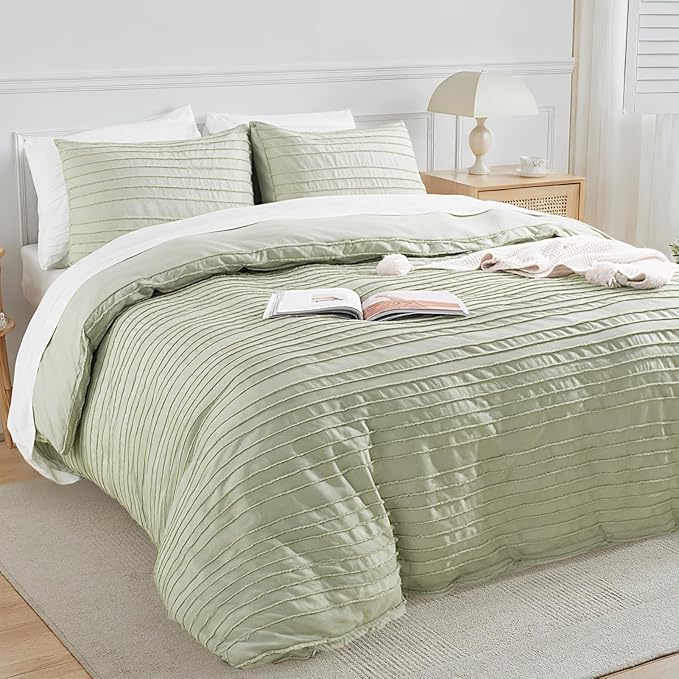 NEXHOME PRO California King Duvet Cover, Blue 3 Pieces Boho Tufted Duvet Cover Set, Soft and Lightweight Microfiber Comforter Cover Set (Sage Green,104 x 98)-No Comforter