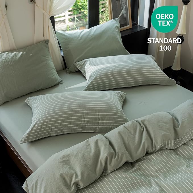 Reversible Duvet Cover Set 100% Washed Cotton Green Stripe Linen Feel Duvet Cover King Size with Zipper Closure & 2 Pillow Shams,Celadon Green/White Stripe Reverse Solid Celadon Green