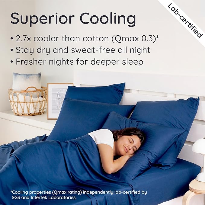 Bambaw 100% Viscose Derived from Bamboo Fitted Sheets Queen Size, Cooling Fitted Sheets Queen Size, 16’’ Deep Pocket Navy Blue Fitted Sheet, Breathable Queen Mattress Fitted Sheet Only (Navy Blue)