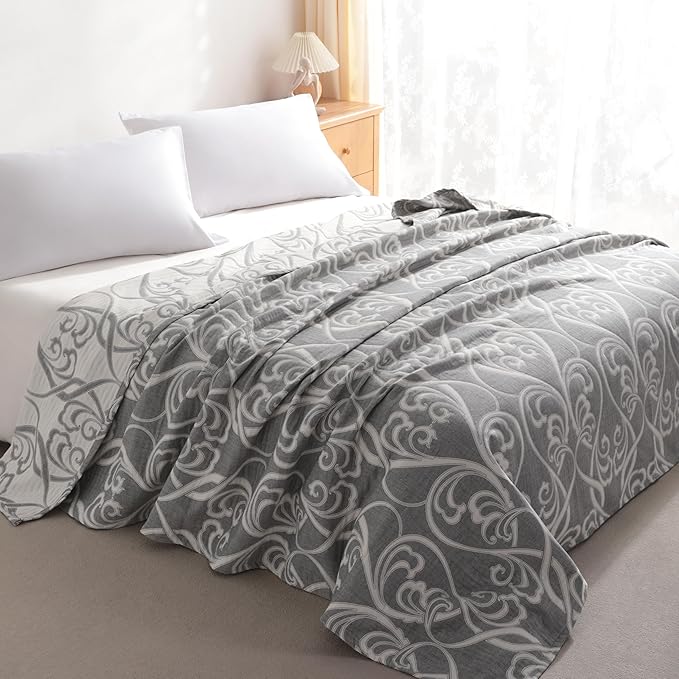 NTBAY 3 Layers Cotton Muslin 88x92 Queen Bed Blanket, Super Soft Breathable Thermal Yarn Dyed Quilt for Adults, Perfect Lightweight Blanket for Couch Sofa Bed All Seasons, Grey Paisley