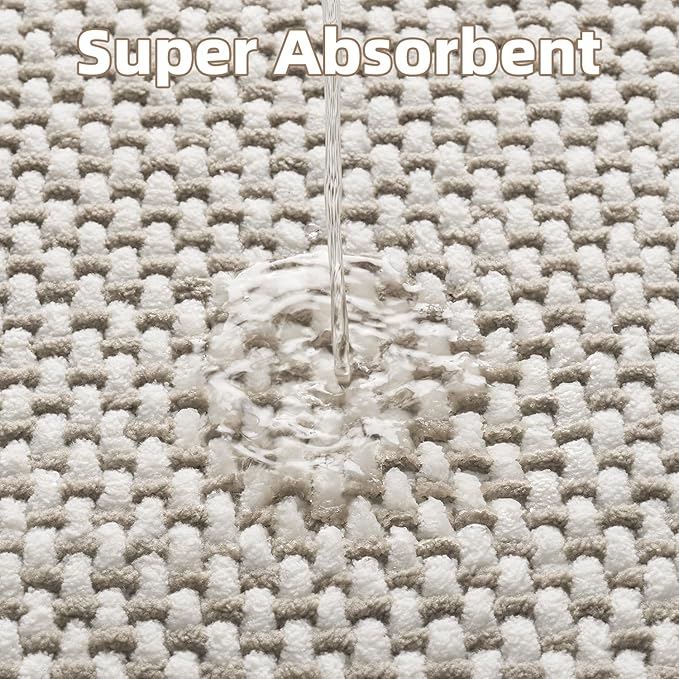 PADOOR-Bath Mat Runner-Super Absorbent Chenille Bathroom Mats-Rubber Backed Bath Mats for Bathroom Non Slip, Easy Clean Bathroom Runner Rugs Front of Bathtub,Shower Room,Sink-24×48, Beige&Cream