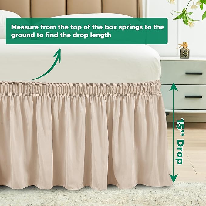 Biscaynebay Wrap Around Bed Skirts with Adjustable Belts for Queen Beds 15 Inch Drop, Sand Elastic Dust Ruffles Easy Fit Wrinkle & Fade Resistant Silky Luxurious Fabric Machine Washable