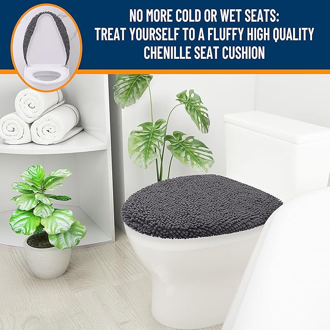 OLANLY Soft Chenille Bathroom Toilet Lid Cover, Machine Washable Seat Covers, 17.5x15, Stays in Place Rubber Backing, Fits Most Round, Elongated and Oblong Lids, Accessories Decor, Dark Gray