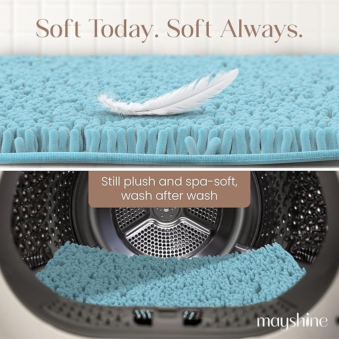 MAYSHINE Plush Shaggy Chenille Bath Mat | Extra Soft, Super Absorbent, Non-Slip Bathroom Rug | Fluffy Microfiber, Area Rug Sets for Bathroom Floor, Kitchen, Living Room | 59"x31" | Spa Blue