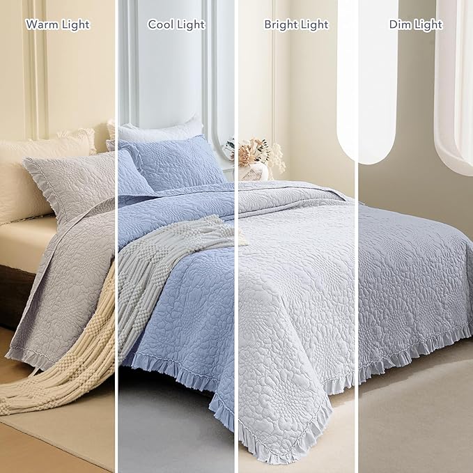 QSH 3PCs Cornflower Blue Ruffled Quilt Queen Size (90"x98"), Stonewashed Cotton Quilt Set, Soft Lightweight Crinkled Bedspread Coverlet Queen Shabby Farmhouse Chic Bedspreads Bed Set with Pillow Sham