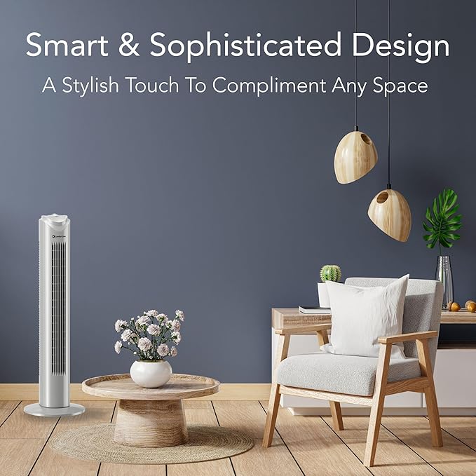 Comfort Zone Tower Fan for Bedroom, 32 inch, 3 Speeds, 90 Oscillation, Bladeless Indoor Fan, Built in Carry Handle, Portable Stand Fan, Gray