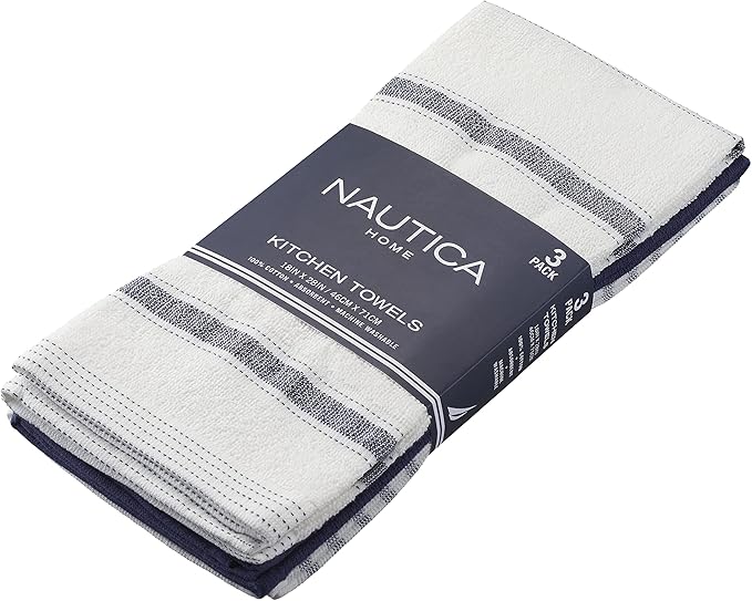 Nautica 100% Cotton Kitchen Towels | Super Absorbent Reusable Cleaning Cloths, Tea Towels, Hand Towels for Drying Dishes | Set of 3 | 18" X 28" | Navy/Navy Stripe