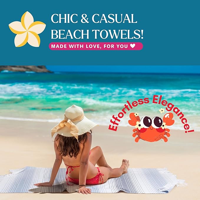 Native Fab Oversized Beach Towel, 4 Pack, 40x71 inches 100% Cotton Turkish Peshtemal for Adults,Soft & Absorbent, Extra Large Beach Towel for Hammam Spa Beach Blanket Bath, Cabana Strips, Navy Blue