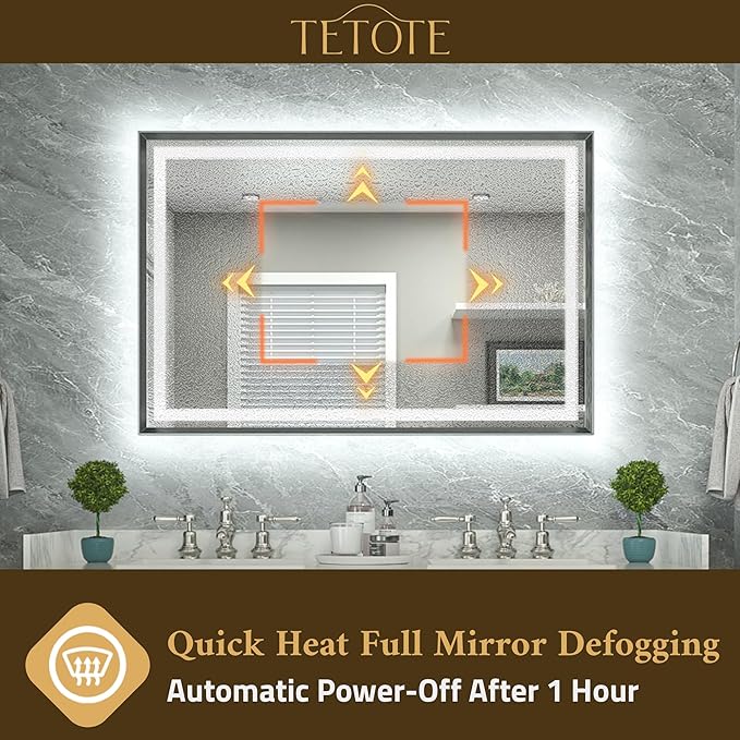 TETOTE 40 x 32 Bathroom LED Mirror Brushed Gunmetal Gray Frame Frontlit & Backlit Vanity Mirror Anti-Fog Stepless Dimmable 3 Colors White/Warm/Natural Wall-Mounted