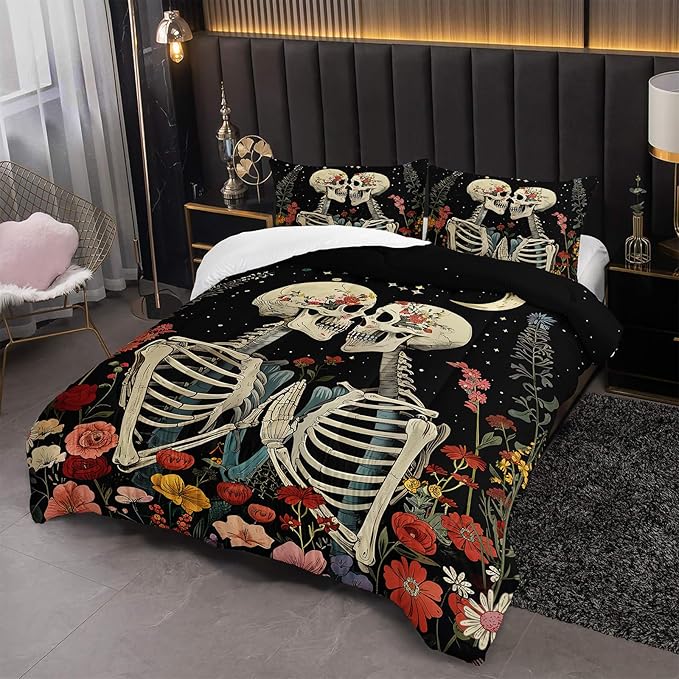 Black Gothic Skull Flower Full Comforter Set，Quilt Full Size Bedding Set Gothic，with 1 Comforter with 2 Pillow Case，Skull Room Decor for Bedroom
