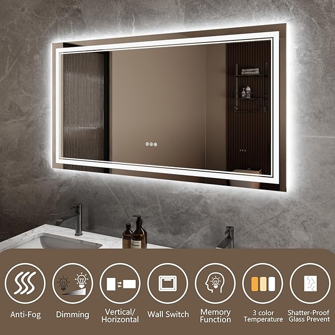 Bathroom Mirror with Lights 30"X55" with Front Light and Backlit, Tempered Glass, Wall Mount Horizontal/Vertical, Stepless Dimmable, 3 Colors, Anti Fog, Bathroom Memory LED Mirror
