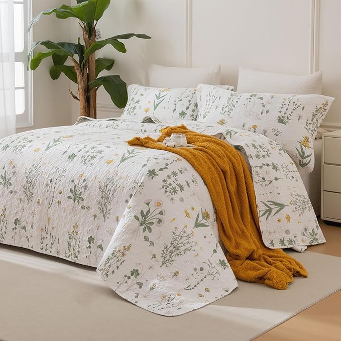 Lady Ann Cotton Quilt Sets Queen - Yellow Floral & Green Leaves Pattern Botanical Printed Quilted Coverlet, 3 Pcs Lightweight Soft Cottagecore Queen Bedspread Set Shabby and Chic Bedding