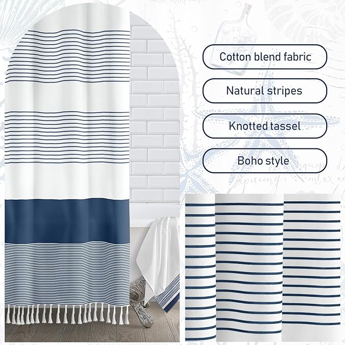 Awellife Navy Blue Shower Curtain for Bathroom Stripe Tassel Shower Curtain 72 X 72 Inches Farmhouse Cotton