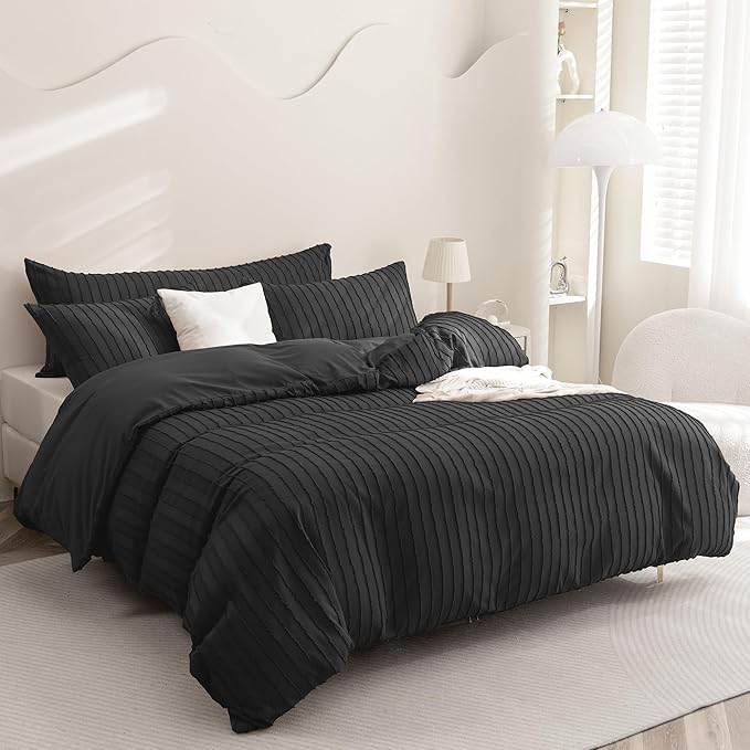 JELLYMONI Duvet Cover King Size Black - 3PCS Boho Striped Duvet Cover Set Polyester Tufted Bohemian Textured Comforter Cover with Corner Ties & Zipper Closure