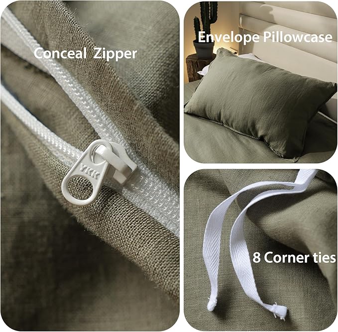 XZ XIFA Olive Green Linen Duvet Cover Twin, 100% Washed French Flax Linen Bedding Set with Zipper Closure, Cooling & Textured Bed Sets for Hot Sleepers(1 Duvet Cover, 1 Pillowcases)