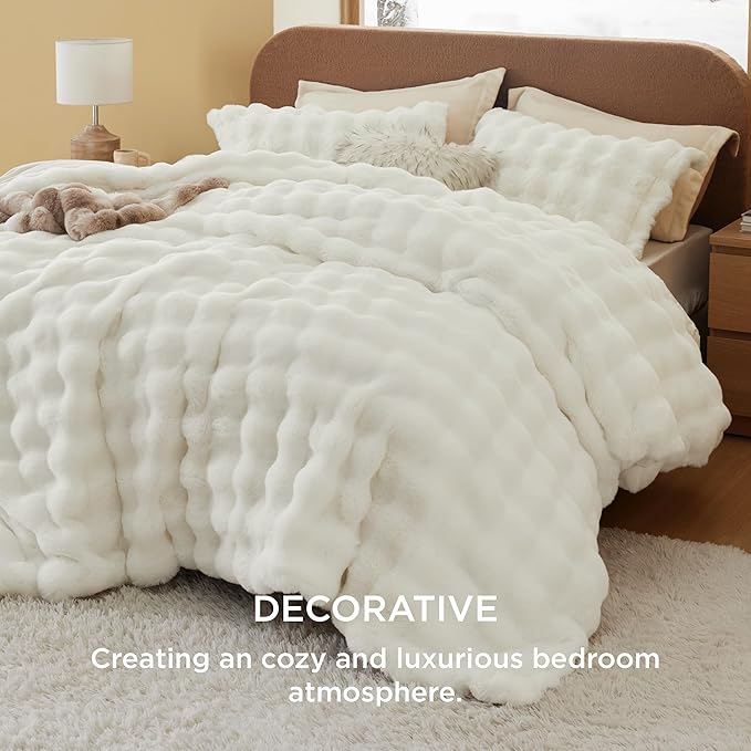 Bedsure Luxurious Faux Fur Duvet Cover King Size Set - Ultra Soft & Fluffy & Cozy & Warm - Elegant Shaggy Bubble Design Bedding with Duvet Cover and Pillow Shams, Coconut White