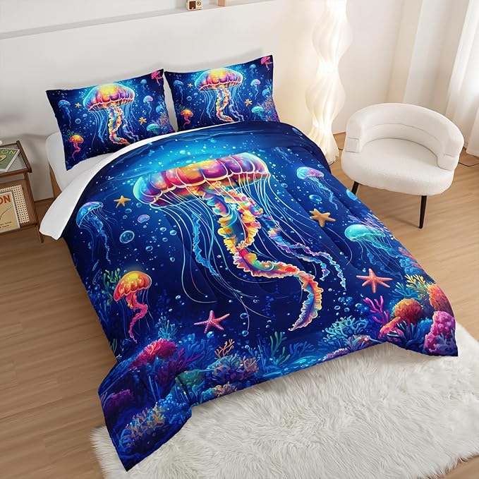 Fantasy Jellyfish Comforter King Bedding Sets for Girls Kids Toddlers,Coral Starfish Ocean Theme Bedroom Decor,Blue Underwater World Bedding Sets with 2 Pillowcases.