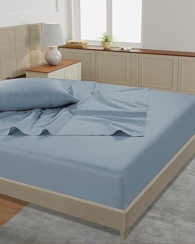 LANE LINEN Split King Sheet Sets – 450 Thread Count 100% Cotton Sheets, Soft & Breathable Sateen Weave, 15” Deep Pocket Fully Elasticized Fitted Sheet, Luxury Hotel Bedding & Pillowcases, French Blue