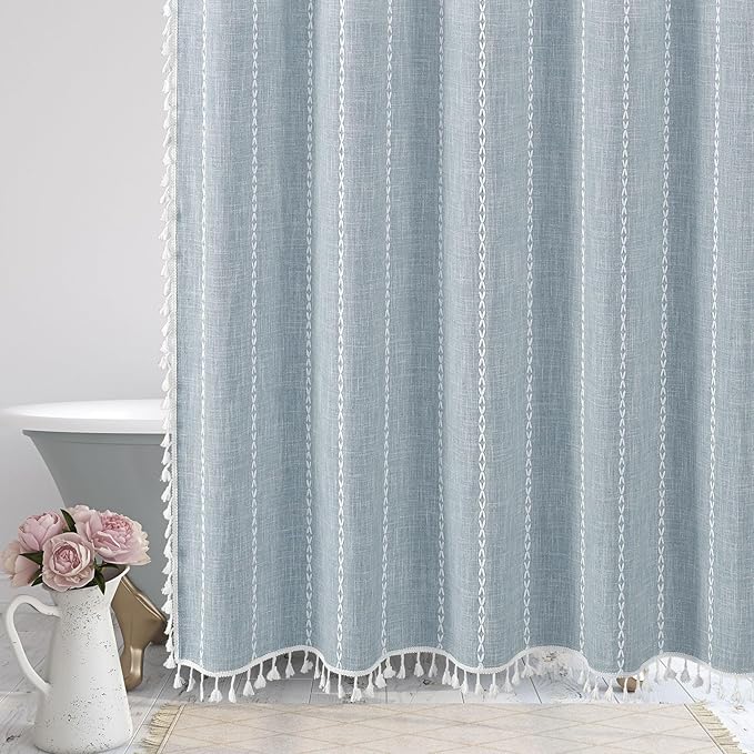 MitoVilla Boho Long Shower Curtain 72 x 78, Blue Farmhouse 78 inch Long Polyester Linen Fabric Shower Curtains with Tassel for Chic Cottagecore French Rustic Bathroom Decor