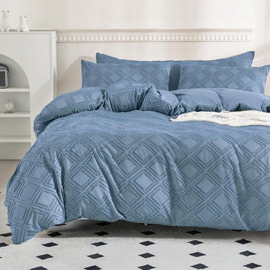 JELLYMONI Duvet Cover Queen Size Blue - 3PCS Boho Duvet Cover Set Plaid Polyester Tufted Bohemian Jacquard Knit Textured Comforter Cover 90×90in Rhombic Geometric Pattern Zipper Corner Tie