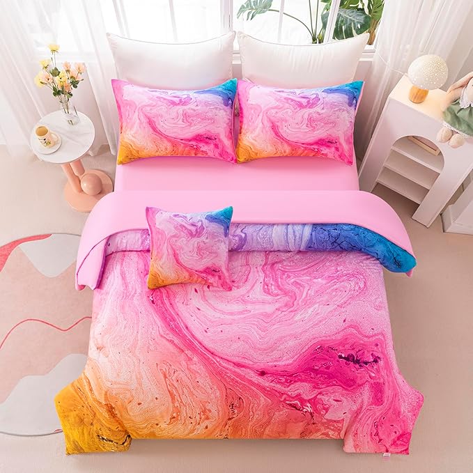 6Pcs Girls Comforter Sets Queen for Girls Kids, Tie Dye Colorful Watercolor Marble Bedding Set Queen, Soft & BreathableBed in A Bag for Gift Bedroom Decor