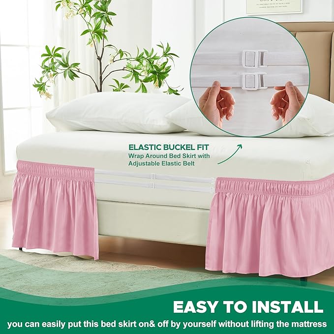Biscaynebay Wrap Around Bed Skirts for Full & Full XL Beds 15" Drop, Pink Adjustable Elastic Dust Ruffles Easy Fit Wrinkle & Fade Resistant Silky Luxurious Fabric Machine Washable