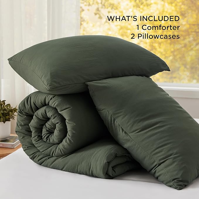 Bedsure Full Size Comforter Set, Dark Green Soft Prewashed Bedding for All Seasons, 3 Pieces GentleSoft™ Warm Down Alternative Bed Set, 1 Lightweight Comforter (82"x86") and 2 Pillowcases (20"x26")
