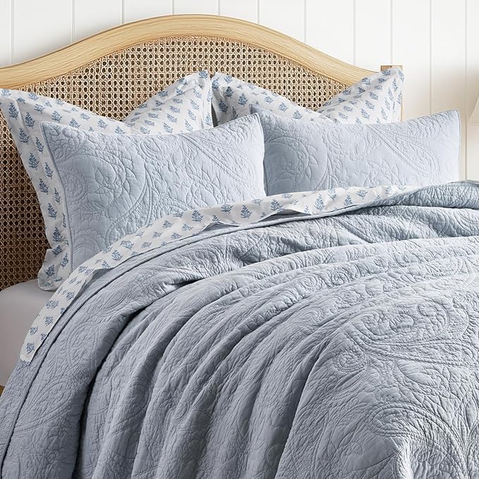 EVERGRACE 100% Cotton Paisley Quilt Set, King Size 3 Piece Set – Prewashed Lightweight Bedspread with 2 Shams, Soft & Breathable Matelasse Coverlet for All-Season Comfort, Pearl Blue