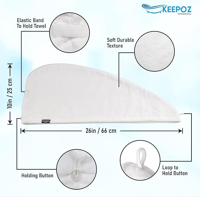 KEEPOZ 100% Cotton Hair Towel Wrap Quick Dry Super Absorbent Turban Head Wrap for Women with Button, Anti Frizz, Hair Cap for Curly, Long & Thick Hair (White, 1 Pc)