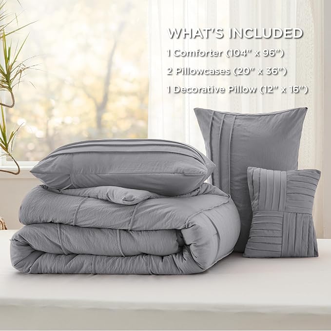 Bedsure California King Comforter Set - 4 Pieces Pinch Pleat Bed Set, Grey Boho Bedding for All Season, 1 Soft Comforter, 2 Pillowcases, 1 Decorative Pillow