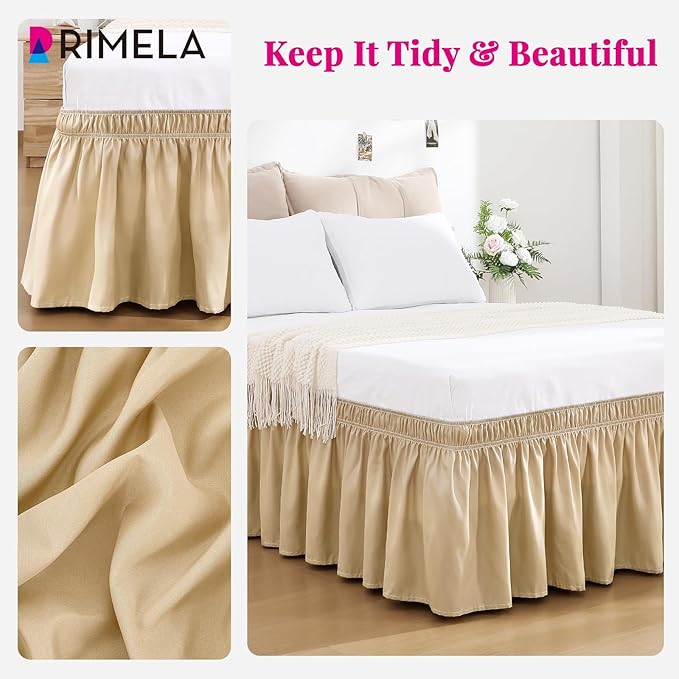 RIMELA Beige Bed Skirt King Size 15 Inch Drop, Wrap Around Elastic Bedskirt, Dust Ruffle for Adjustable Bed Base Machine Washable Easy to Install Bed Skirts