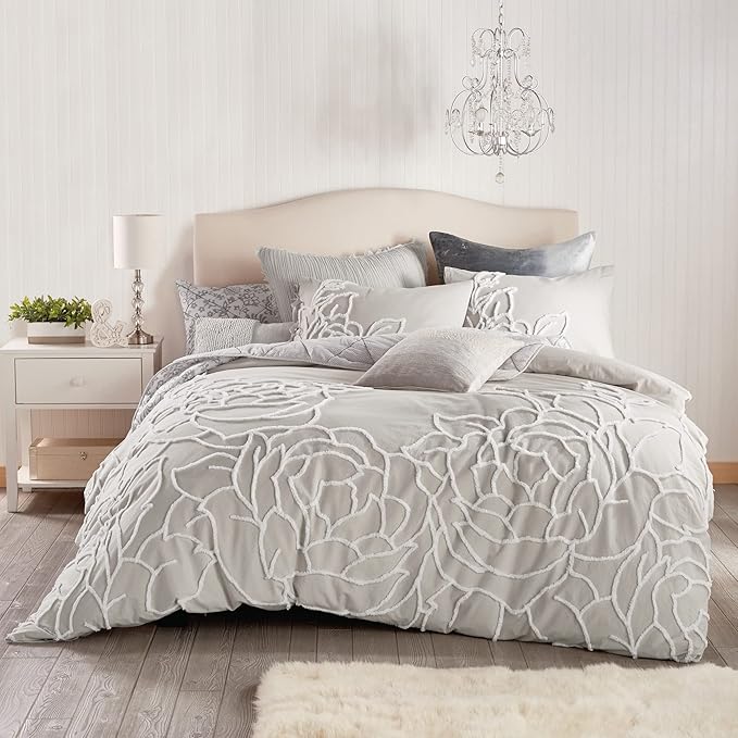 Peri Home 100% Cotton 3-Piece Duvet Cover and Sham Set, King, Grey Chenille Rose