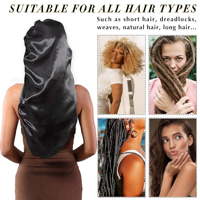 3Pcs Bonnets for Black Women Braid Bonnet, Large Long Satin Bonnet for Braids, Black Women Satin Silk Bonnet with Stretchy Tie Band Sleep Bonnet Cap for Long Curly Hair (Black & Dark Blue & Rose Pink)
