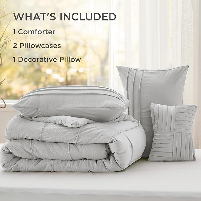 Bedsure Queen Comforter Set - 4 Pieces Pinch Pleat Bed Set, Light Grey Boho Bedding for All Season, 1 Soft Comforter, 2 Pillowcases, 1 Decorative Pillow