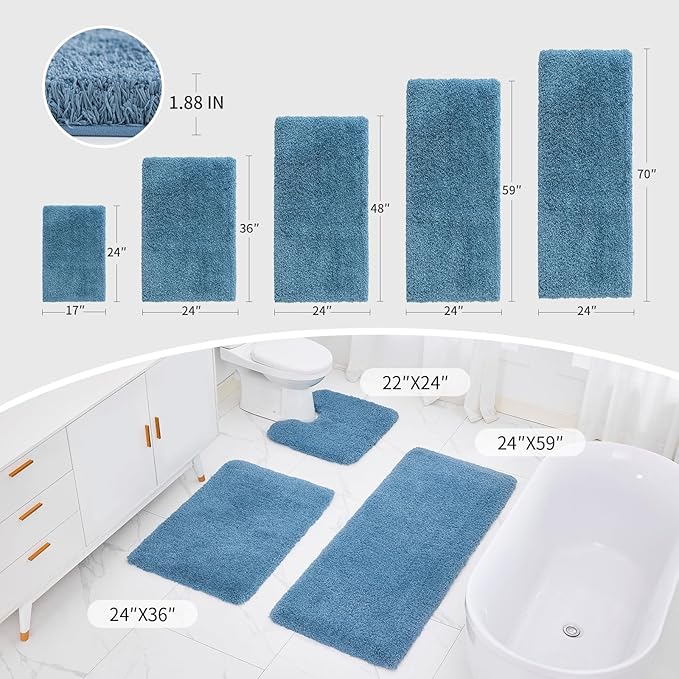 Bathroom Rug 20x32 Non Slip Fluffy Blue Bath Mat for Bathroom Floor Washable Plush Luxury Bath Rug for Tub Soft Shaggy Absorbent Shower Sink Mat