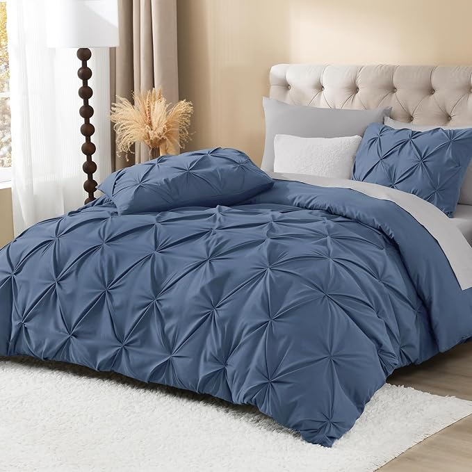 Litanika Ocean Blue Oversized King Pinch Pleat Duvet Cover, 3 Pieces Pintuck Cover Soft Microfiber Bedding Set with Zipper Closure & Corner Ties(1 Duvet Cover, 2 Pillowcases)