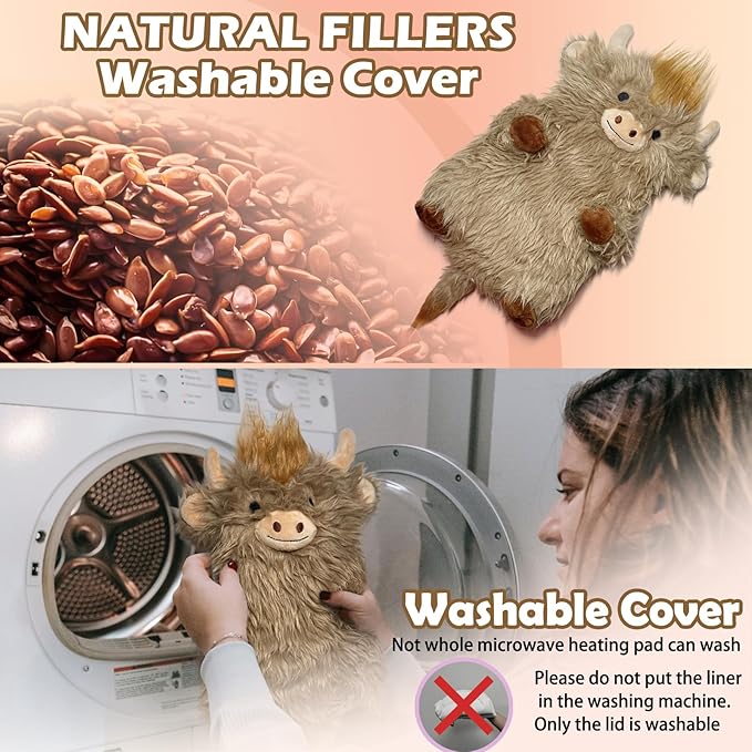 Microwave Heating Pad for Period Cramps Weighted Highland Cow Cute Stuffed Animal Removable Heated for Menstrual Adorable Plush Microwavable Heat Pack for Pain Relief Gifts for Kids Girls unscented