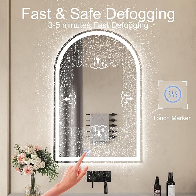 LED Bathroom Mirrors with Lights 32"x48" Arched Mirror for Wall,led Vanity Mirror, Anti-Fog,LED Mirrors with Front Light and Backlit, Anti-Fog, Dimmable, 3 Color, Shatterproof, Touch Sensor