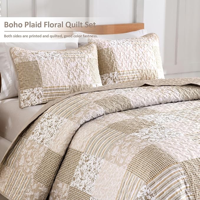 Mybedsoul Beige Boho Quilt Set King Size, 3 Pieces Plaid Floral Bedspread Set Patchwork Reversible Bedding Set Microfiber Bedding Bedspread Coverlet Set for All Season 90"x104"