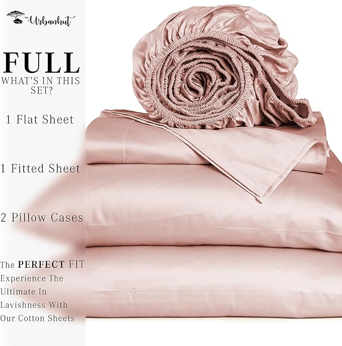 URBANHUT 1000 Thread Count Egyptian Cotton Full Size Sheet Set 4 Pc Bed Sheets, Soft & Breathable, Luxury Hotel Sheets Fits 16" Elasticized Deep Pocket, Sateen Weave, Solid - Blush Pink