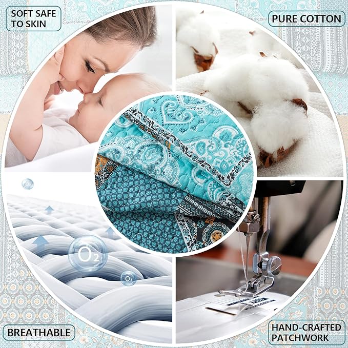 BEDIFANY Cotton California King Size Quilt for Farmhouse- Teal Oversized King Bedspread Set - Highly-Woven Soft Lightweight Coverlet for All Seasons, 3 Pieces
