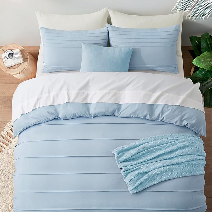 Oli Anderson Airy Blue Duvet Cover Queen Size - Pleated Queen Duvet Cover, 3PCS Soft and Breathable Textured Bedding Set with Zipper Closure(Airy Blue,90"x90")