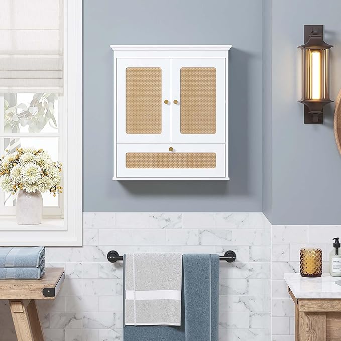 Spirich Bathroom Wall Cabinet Over Toilet, Modern Rattan Medicine Cabinet with Adjustable Shelf, Space-Saving Wall Mount Storage
