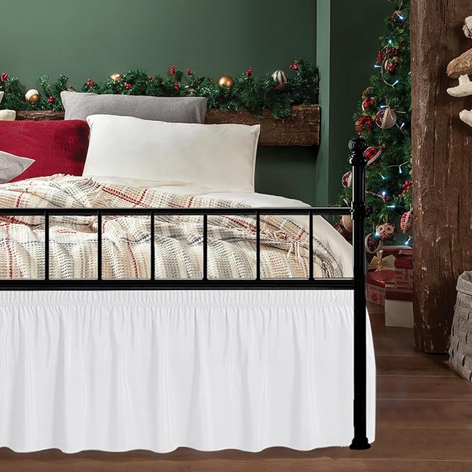 Biscaynebay Wrap Around Bed Skirts with Split Corners for King Beds 25" Drop, White Adjustable Elastic Dust Ruffles Easy Fit Wrinkle & Fade Resistant Silky Luxurious Fabric Machine Washable